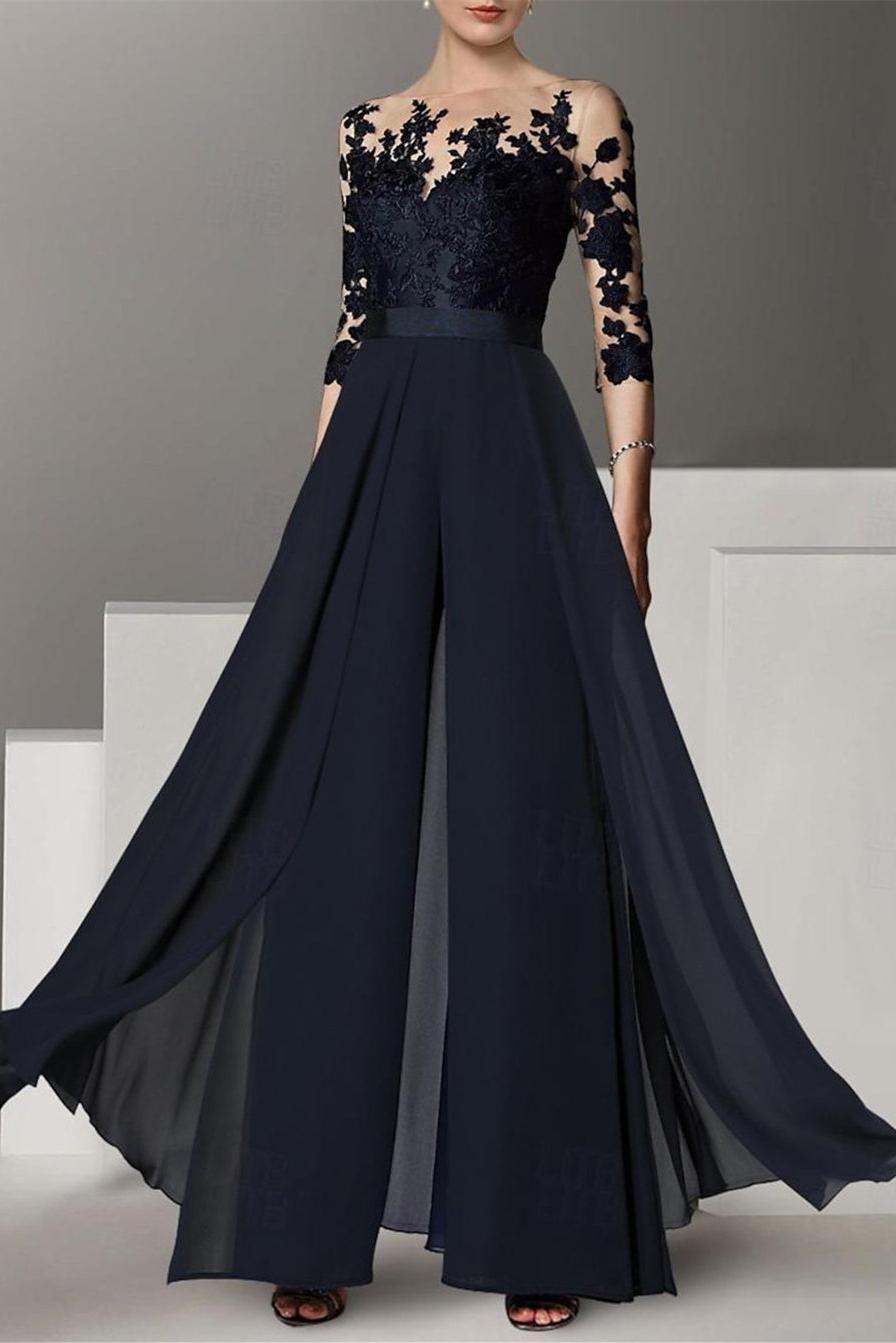 Jewel Neck A Line Long Mother of the Bride Pantsuit with Applique and 3/4 Sleeves