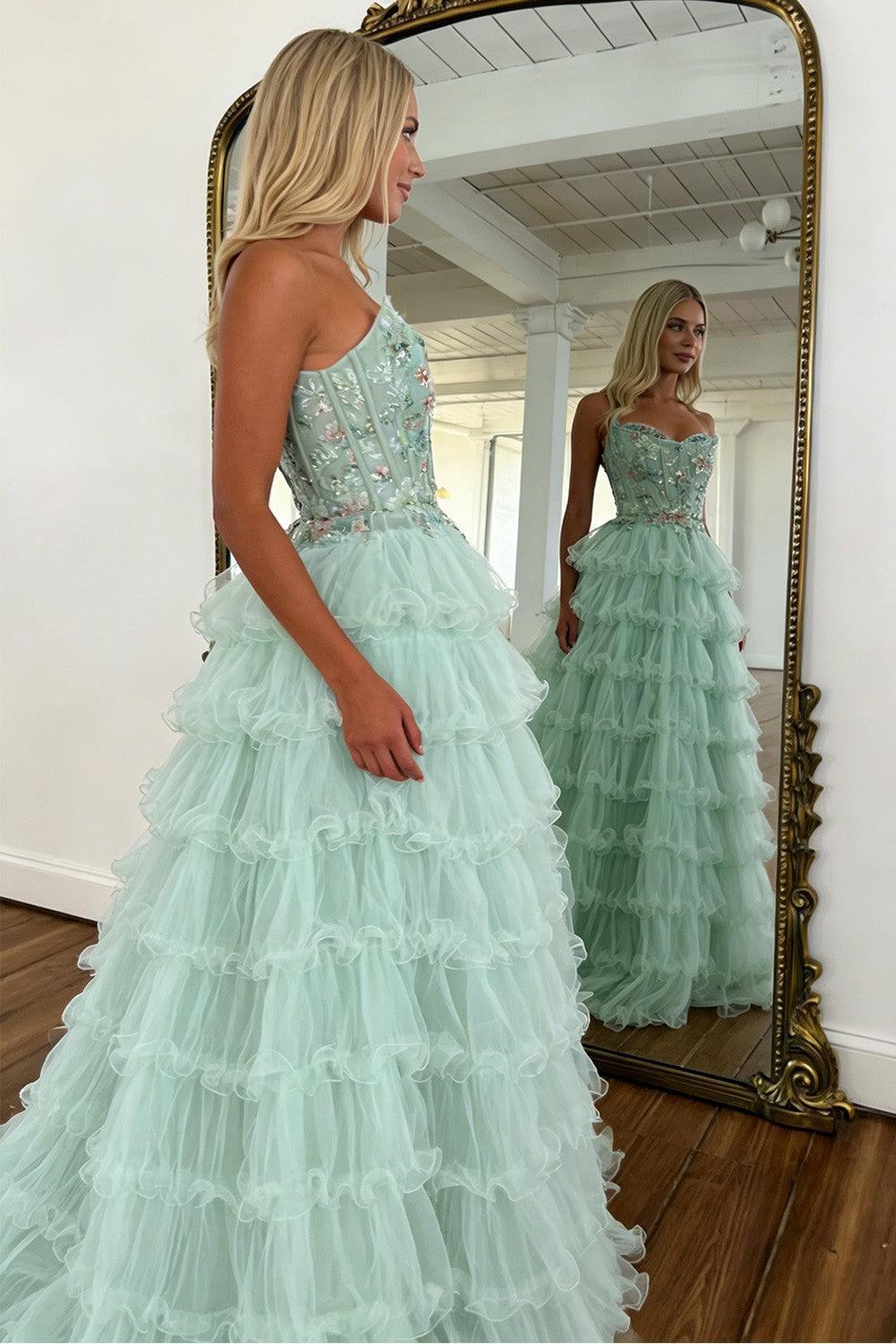 Suzhoufashion Princess Mint Green Tiered Tulle Prom Dress With Floral Embroidered Corset Formal Evening Gown
