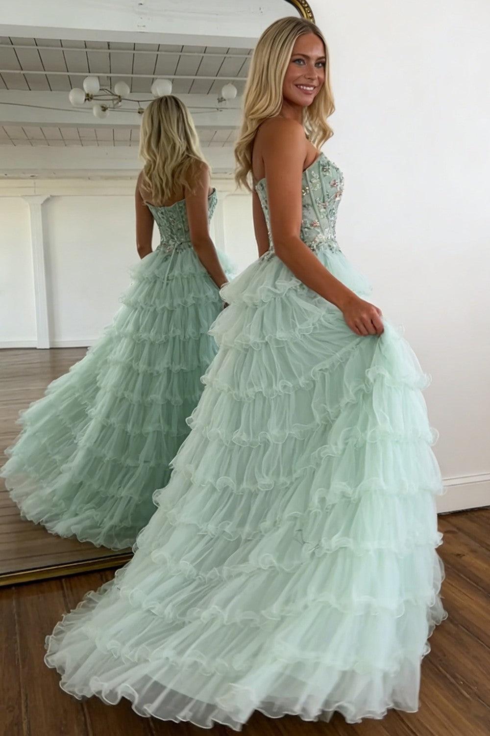 Suzhoufashion Princess Mint Green Tiered Tulle Prom Dress With Floral Embroidered Corset Formal Evening Gown
