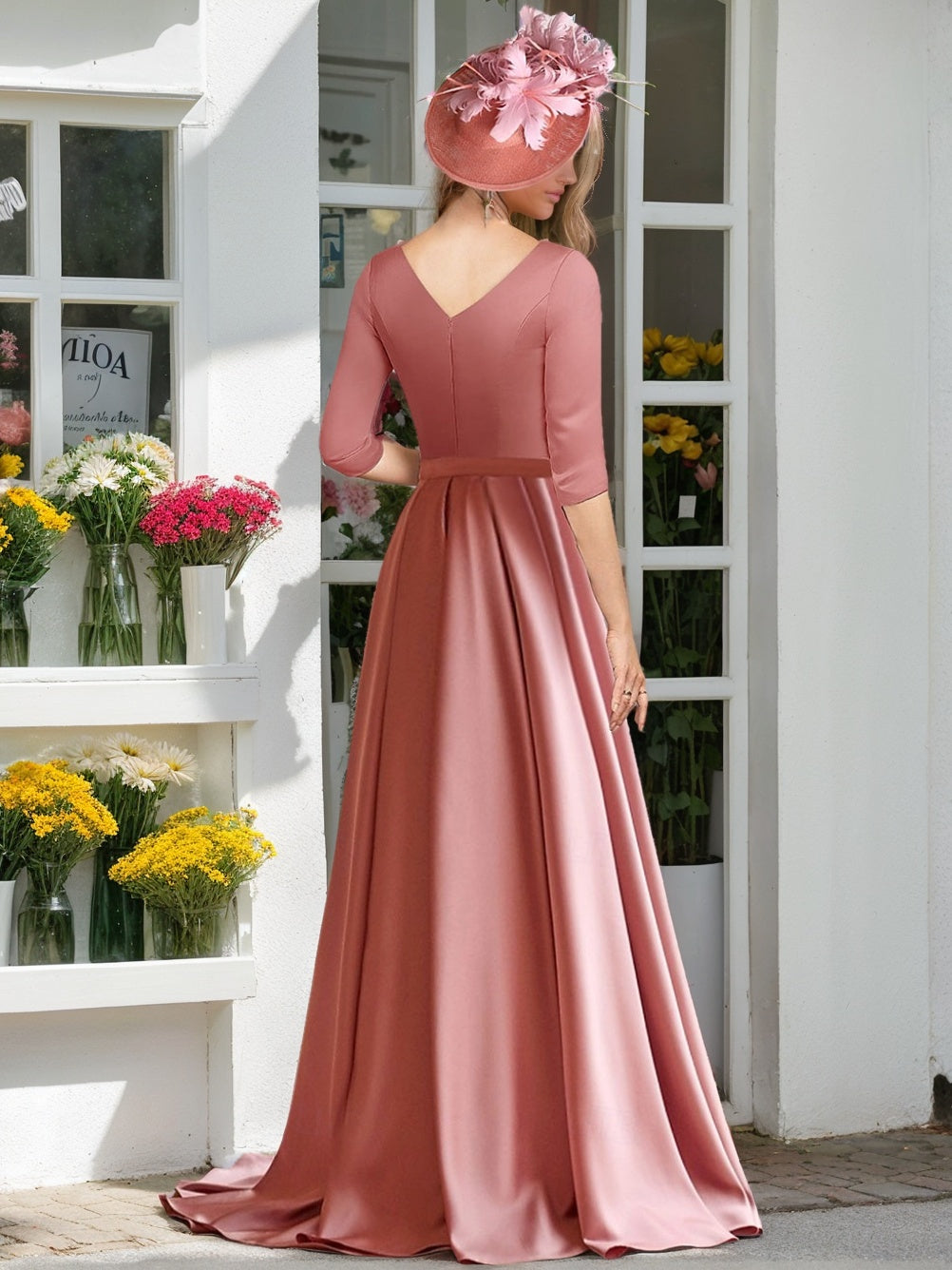 V Neck A Line Long Mother of the Bride Dress with 3/4 Sleeves Pleats & Ruching