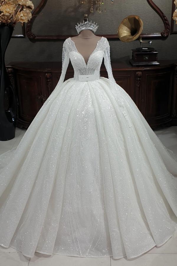 Princess V-neck Glitter A-line Wedding Dresses With Sleeves