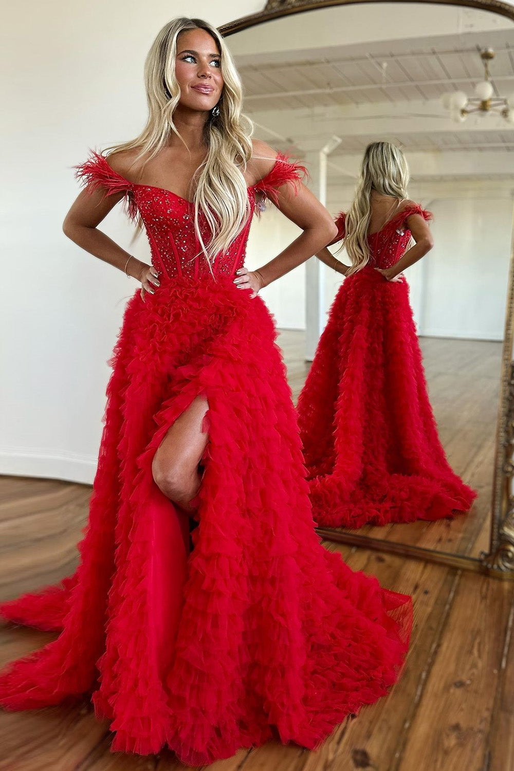 Princess A-Line Feather Straps Long Ruffle Prom Dress With Split - View 3 | VelvetHem