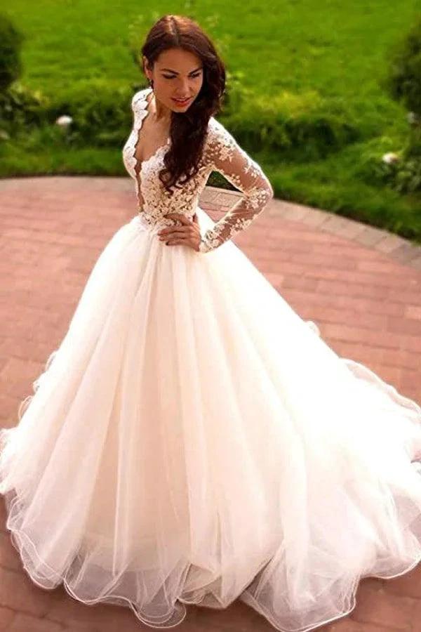 Princess A-Line V-Neck Tulle Ivory Long Sleeves Wedding Dresses (ZD16051) - VelvetHem