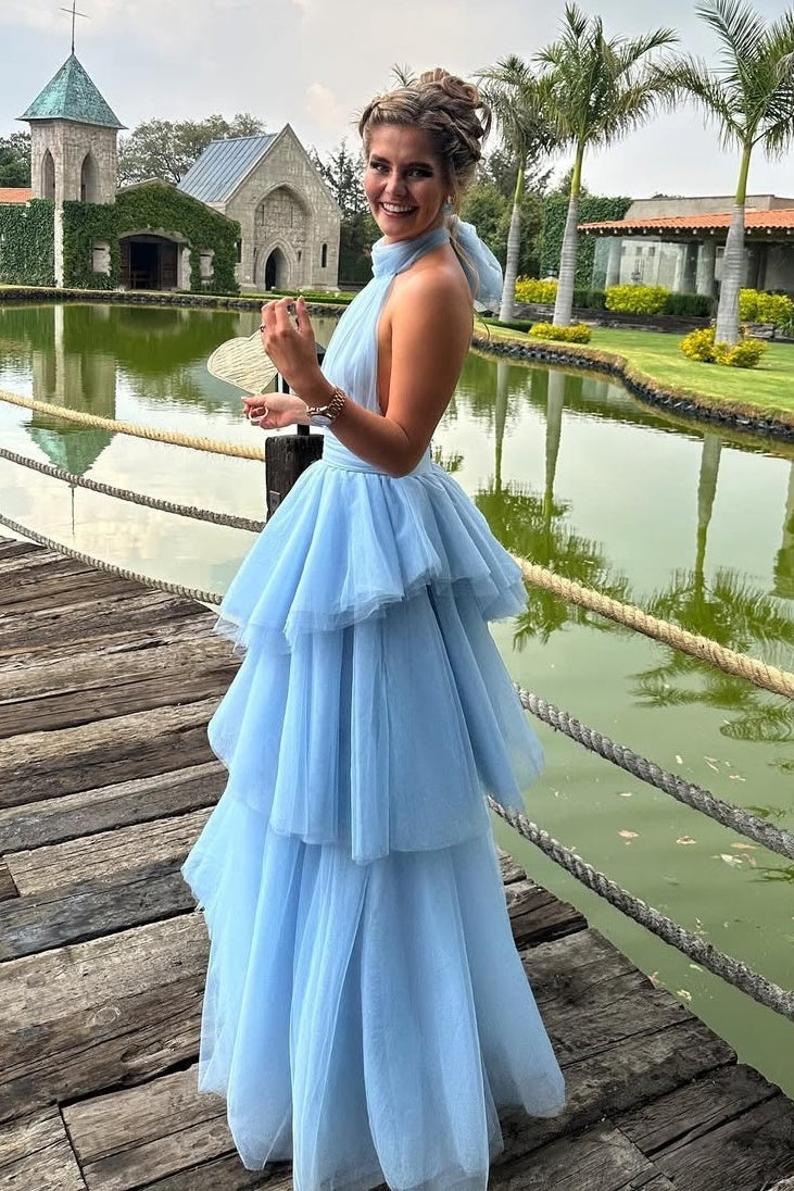 Princess A Line Halter Neck Blue Tulle Long Prom Dress with Ruffles - VelvetHem