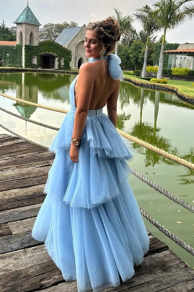Princess A Line Halter Neck Blue Tulle Long Prom Dress with Ruffles - View 2 | VelvetHem