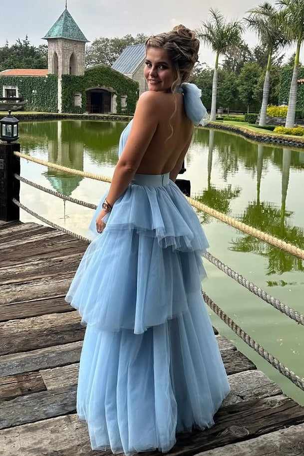Princess A Line Halter Neck Blue Tulle Long Prom Dress with Ruffles - View 3 | VelvetHem
