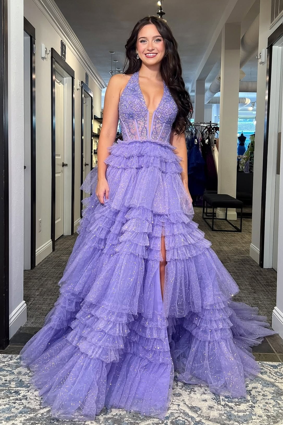 Princess A Line Halter Neck Lilac Corset Prom Dress with Ruffles - VelvetHem