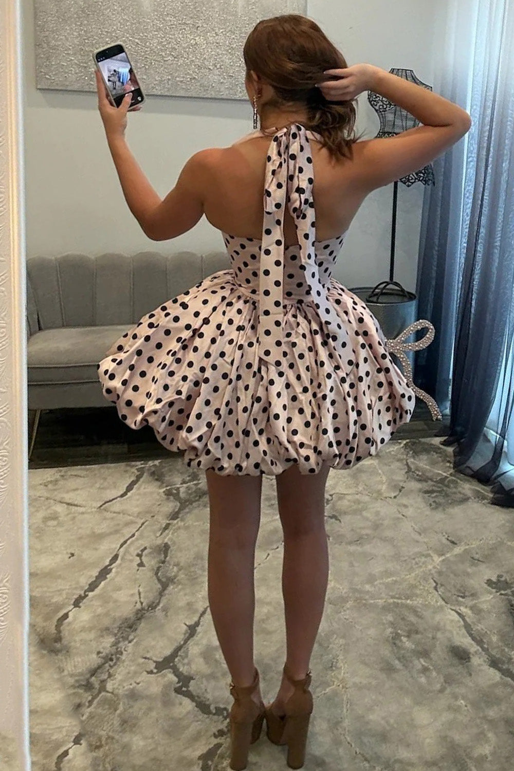 Princess A Line Halter Neck White Polka Dots Short Homecoming Dress