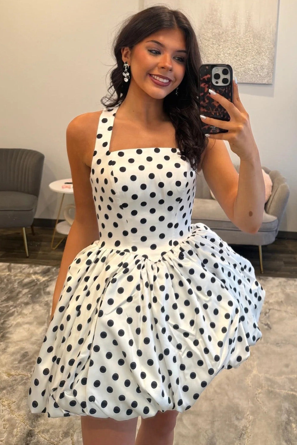 Princess A Line Halter Neck White Polka Dots Short Homecoming Dress