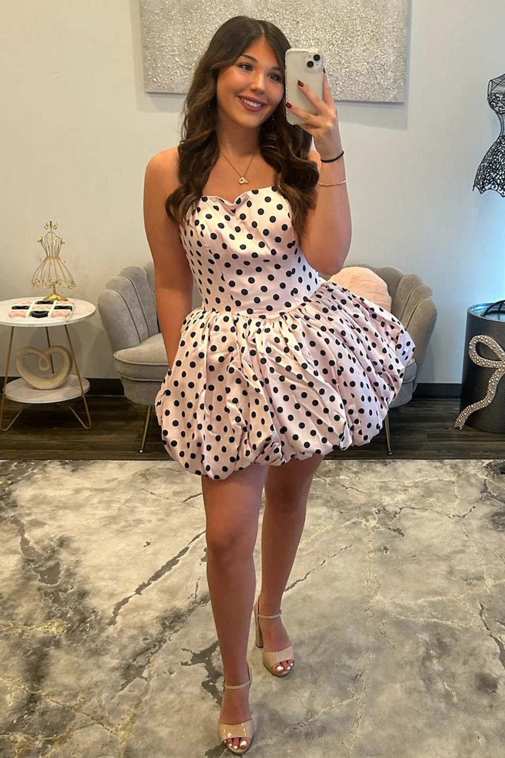Princess A Line Halter Neck White Polka Dots Short Homecoming Dress