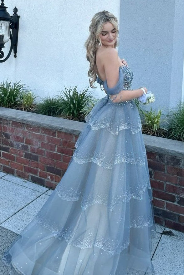 Princess A Line Off the Shoulder Grey Blue Long Prom Dress with Beading