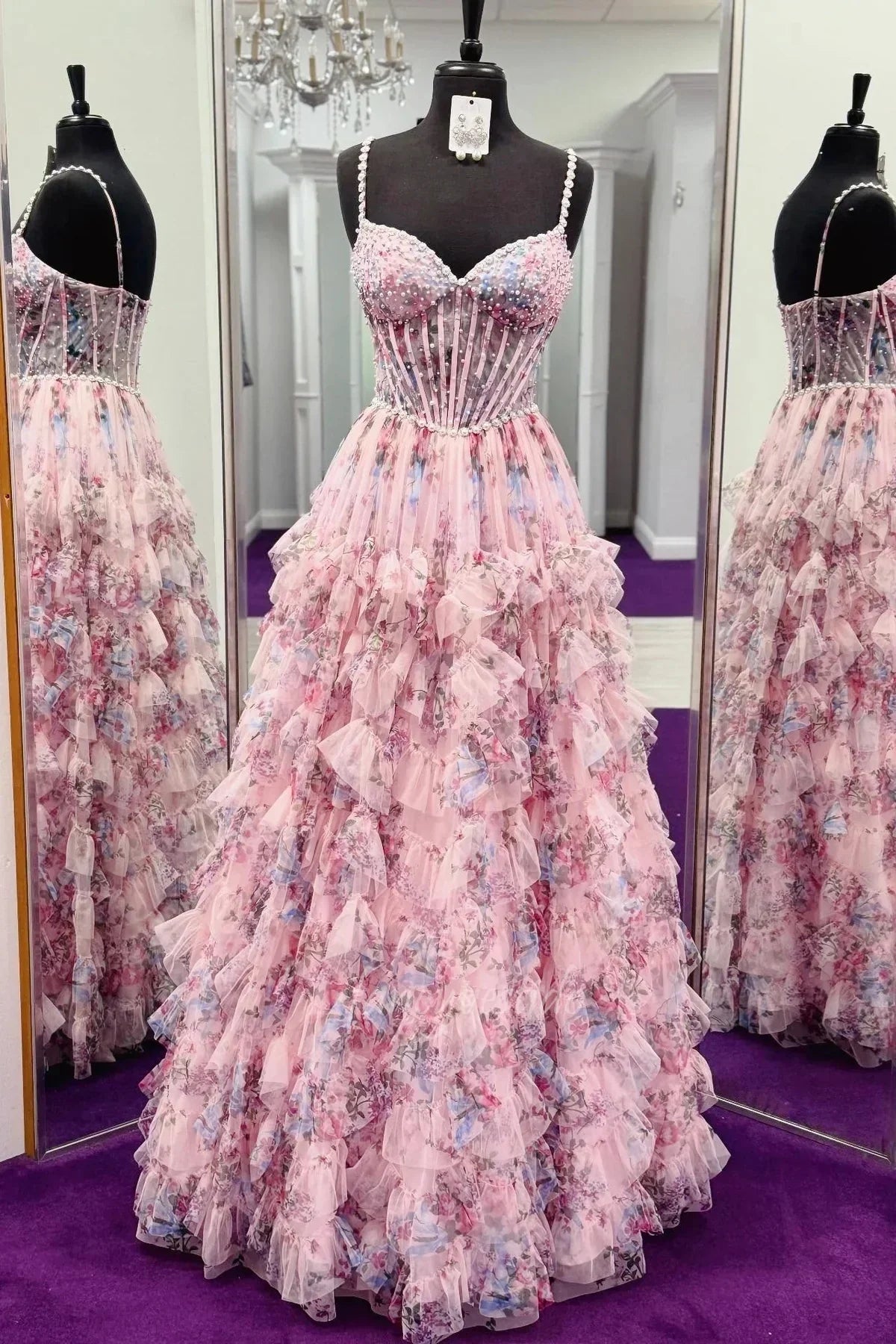 Princess A Line Spaghetti Straps Pink Corset Prom Dress with Pearls