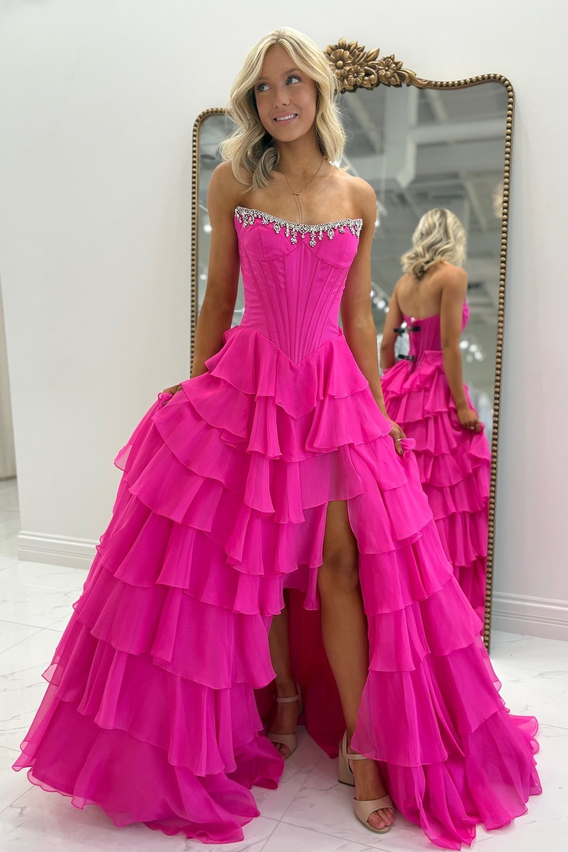 Princess A Line Strapless Hot Pink Corset Prom Dress with Beading Ruffles