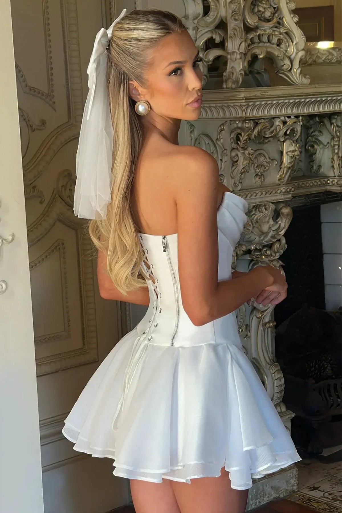 Princess A Line Strapless White Satin Short Homecoming Dress with Ruched - View 4 | VelvetHem