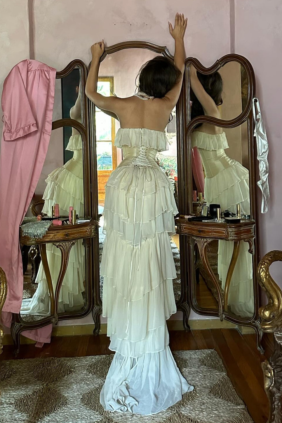 Princess A Line Sweetheart Ivory Corset Party Dress with Ruffles Criss Cross Back - View 6 | VelvetHem