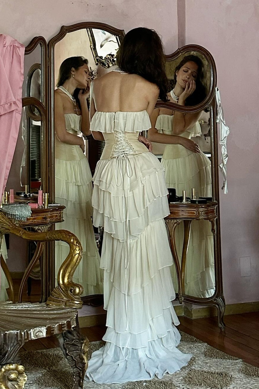 Princess A Line Sweetheart Ivory Corset Party Dress with Ruffles Criss Cross Back - View 5 | VelvetHem