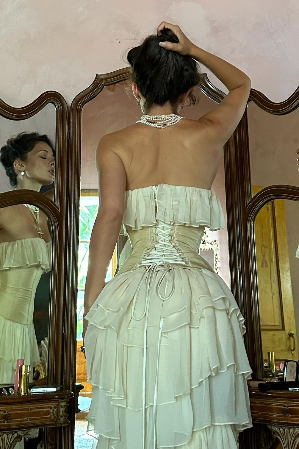 Princess A Line Sweetheart Ivory Corset Party Dress with Ruffles Criss Cross Back - View 8 | VelvetHem