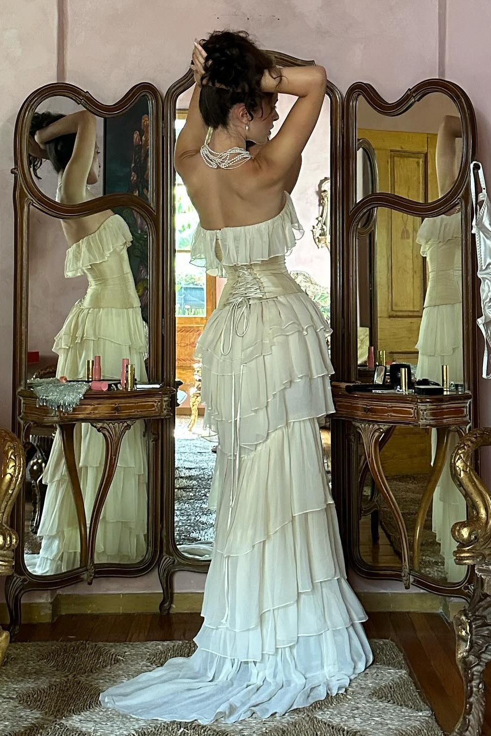 Princess A Line Sweetheart Ivory Corset Party Dress with Ruffles Criss Cross Back - View 9 | VelvetHem