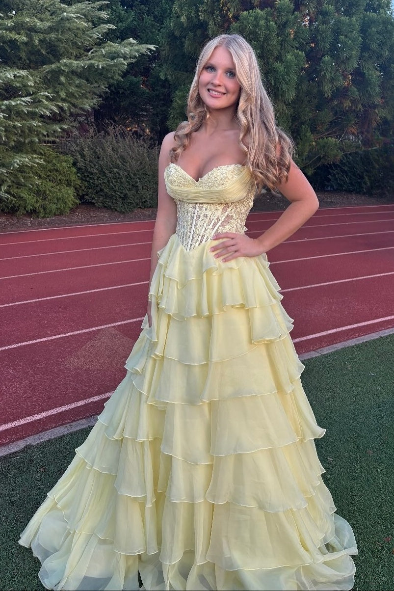 Princess A Line Sweetheart Pink Corset Prom Dress with Appliques Ruffles