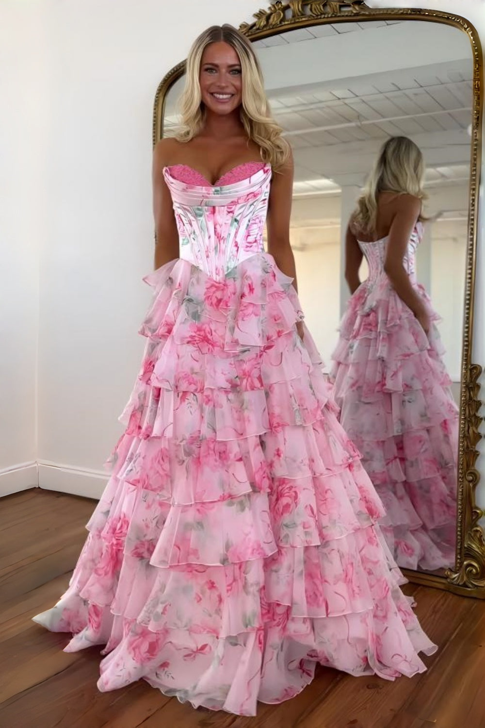 Princess A Line Sweetheart Pink Corset Prom Dress with Ruffles - View 8 | VelvetHem