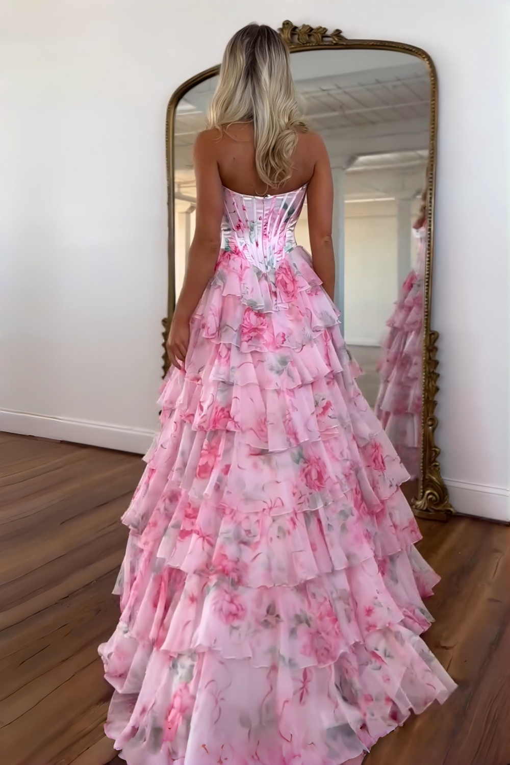 Princess A Line Sweetheart Pink Corset Prom Dress with Ruffles - View 7 | VelvetHem