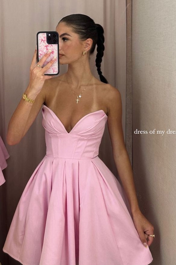 Princess A Line Sweetheart Pink Satin Knee Length Party Dress