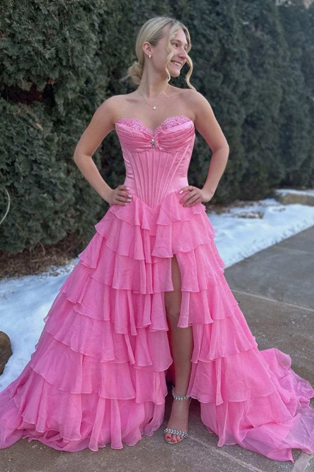 Princess A Line Sweetheart Light Blue Corset Prom Dress with Appliques Ruffles