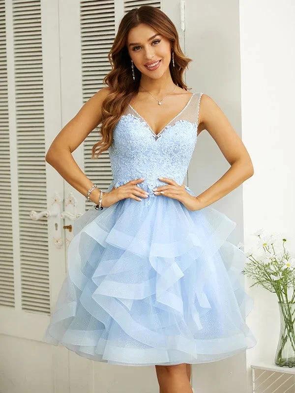 Applique V-neck Knee-Length Dresses (ZD11669)