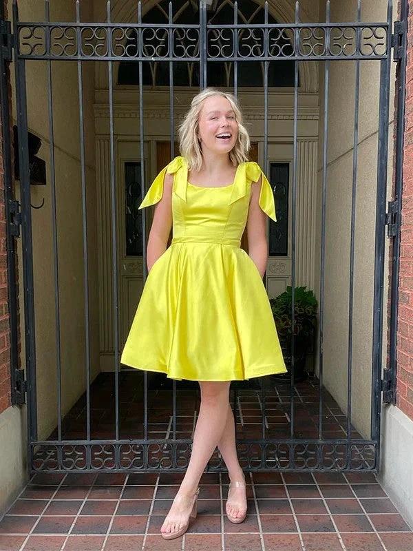 Satin Yellow Homecoming Dress Knee-Length Dresses (ZD11664) - VelvetHem