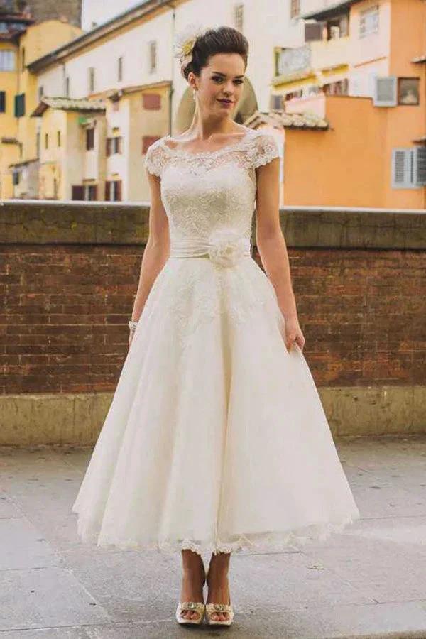 Princess Tea-Length Tulle Wedding Dresses With Appliqued Flowers (ZD16140) - VelvetHem