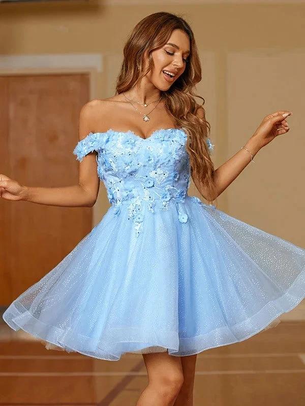 Tulle Applique Off-the-Shoulder Short/Mini Dresses (ZD11670) - VelvetHem