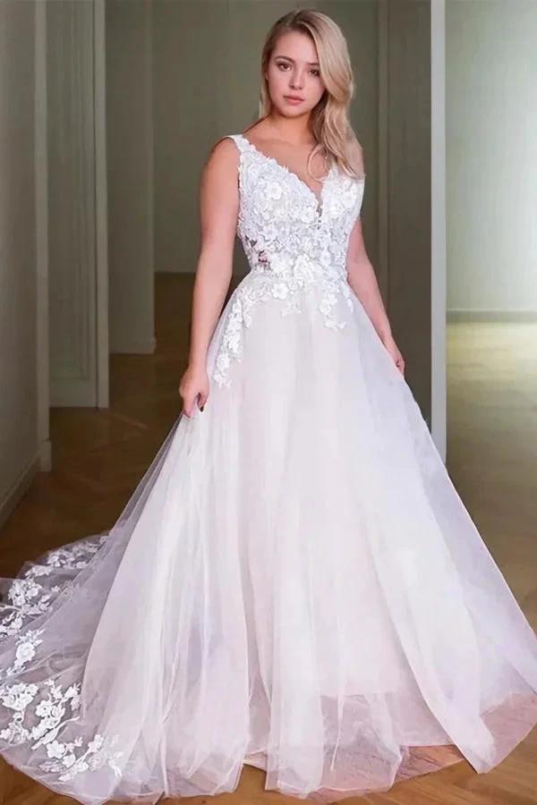 Princess V-Neck Sweep Train Wedding Dresses With Lace Appliques (ZD16115) - VelvetHem