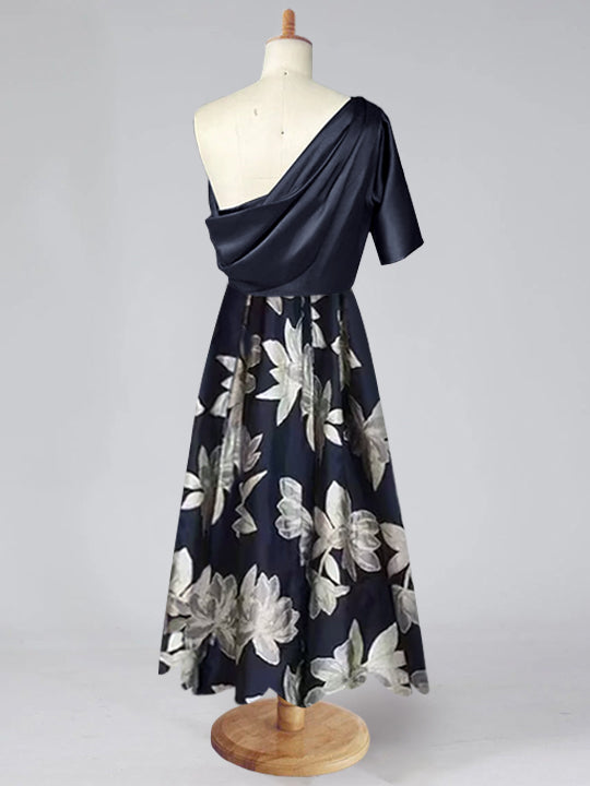 Printed Floral One Shoulder A Line Mother of the Bride Gown