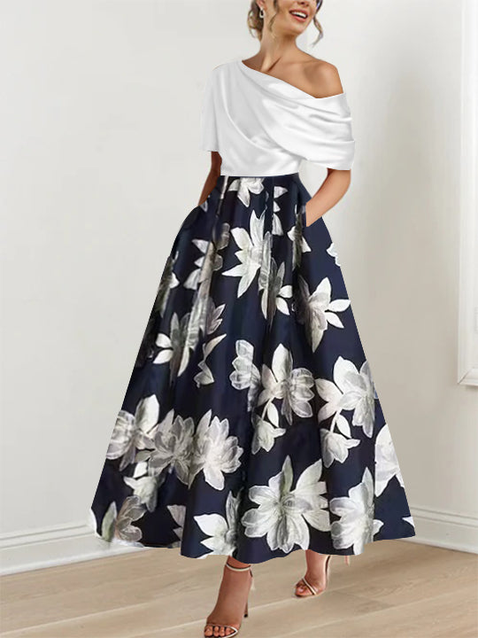 Printed Floral One Shoulder A Line Mother of the Bride Gown