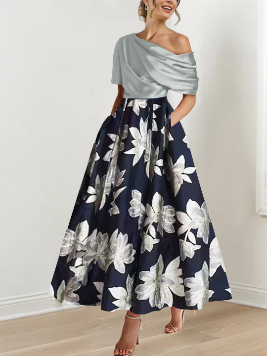 Printed Floral One Shoulder A Line Mother of the Bride Gown
