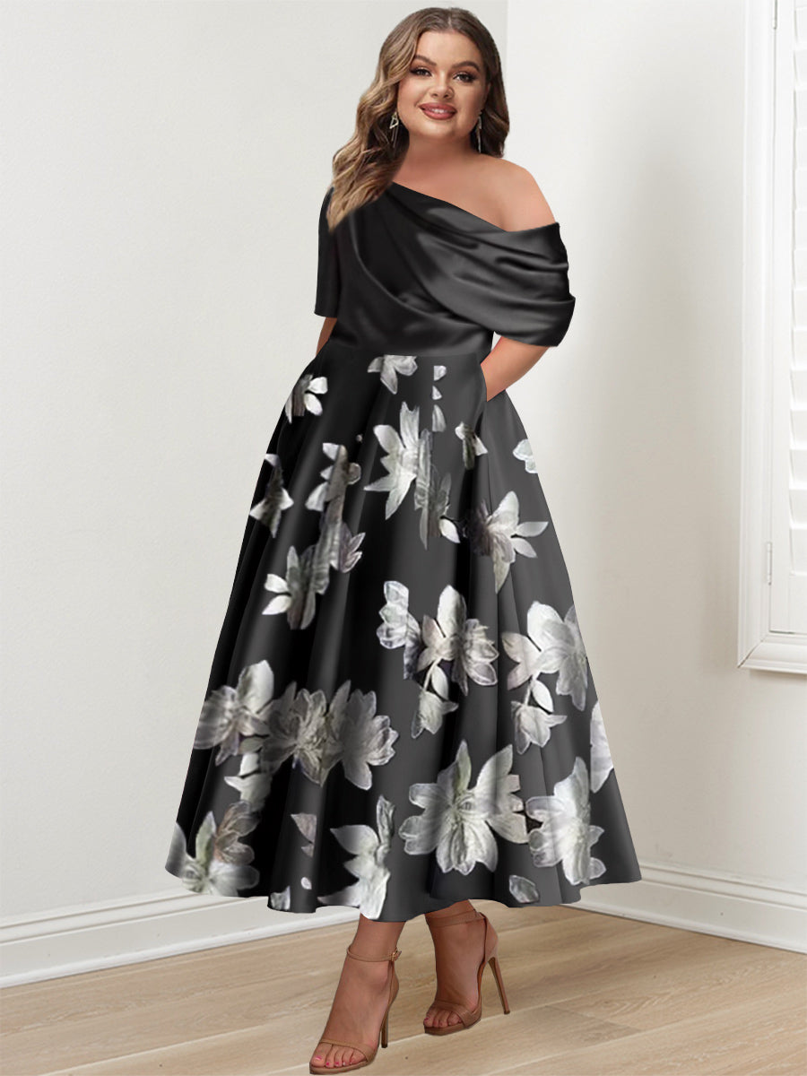 Printed Flower Plus Size Mother of the Bride A Line One Shoulder Dress