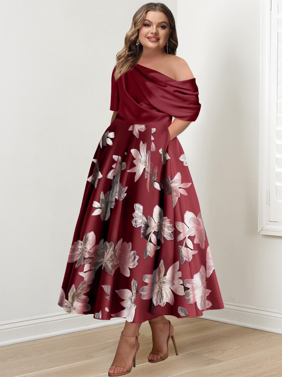 Printed Flower Plus Size Mother of the Bride A Line One Shoulder Dress
