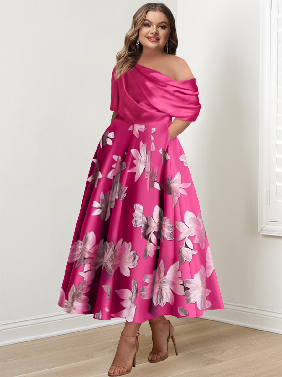 Printed Flower Plus Size Mother of the Bride A Line One Shoulder Dress