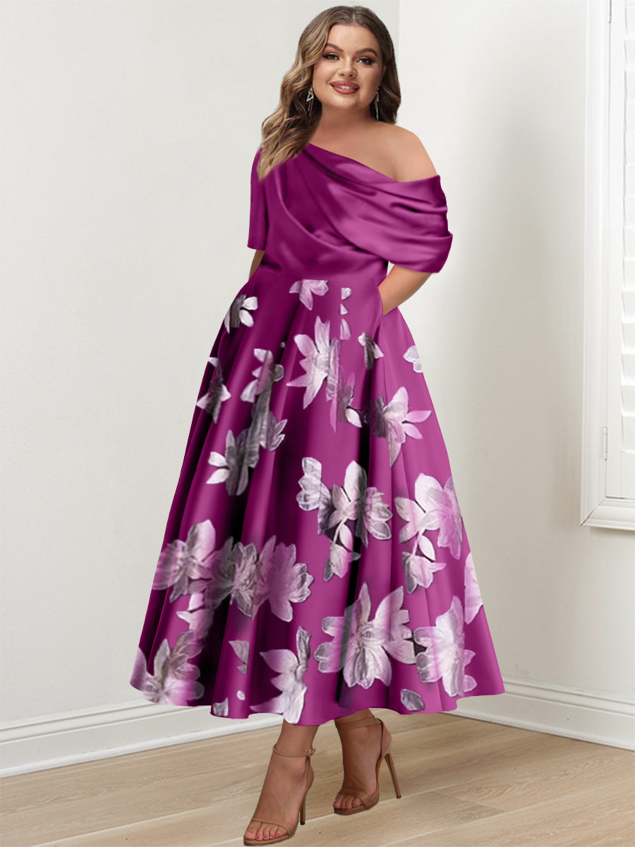 Printed Flower Plus Size Mother of the Bride A Line One Shoulder Dress