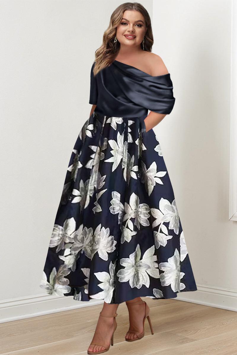 Printed Flower Plus Size Mother of the Bride A Line One Shoulder Dress