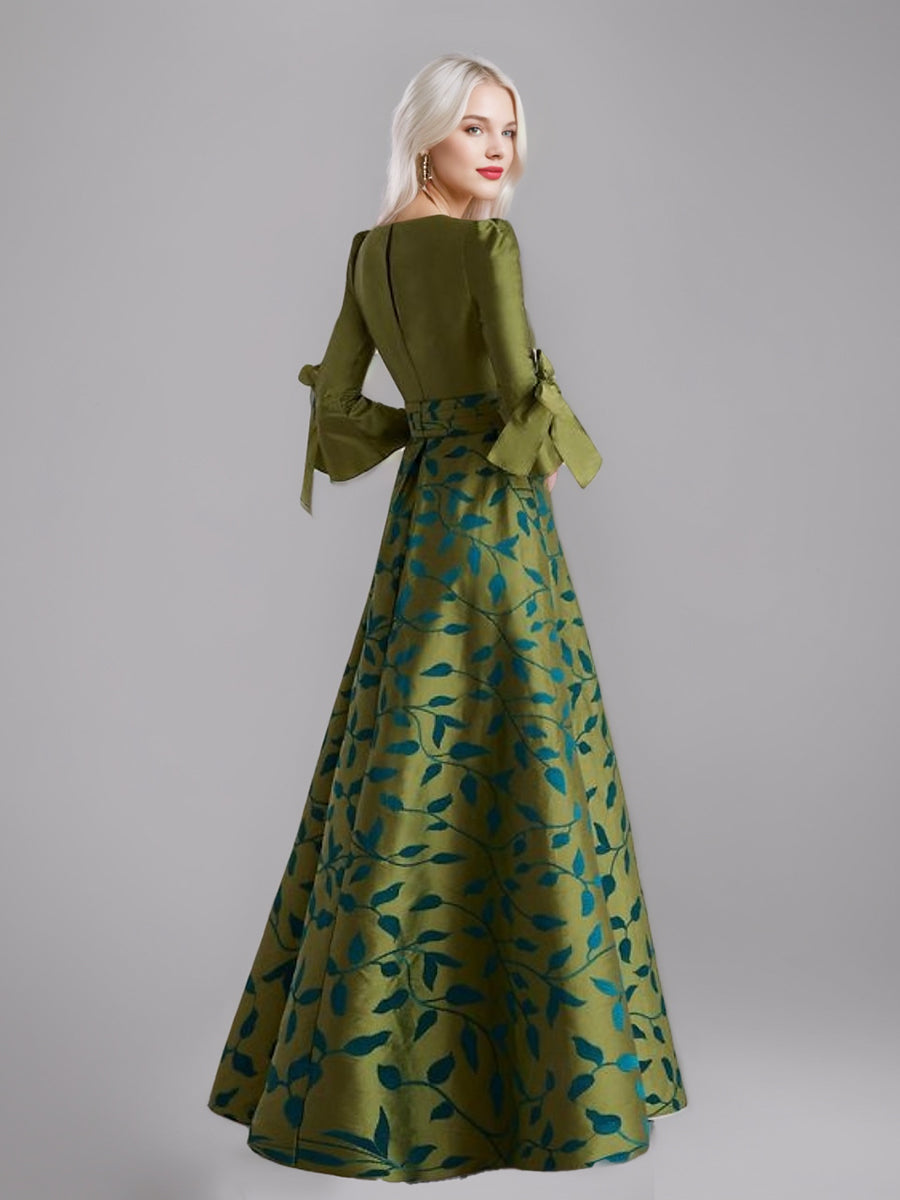 Printed Leaves Mother of the Bride A Line Dress with 3/4 Sleeves Side Split Belt and Ruffles
