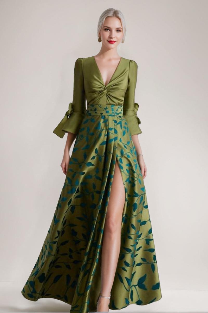 Printed Leaves Mother of the Bride A Line Dress with 3/4 Sleeves Side Split Belt and Ruffles