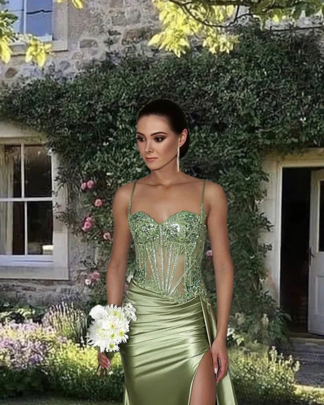 Pretty Mermaid Spaghetti Straps Sage Green Long Satin Prom Dresses Formal Evening Dress