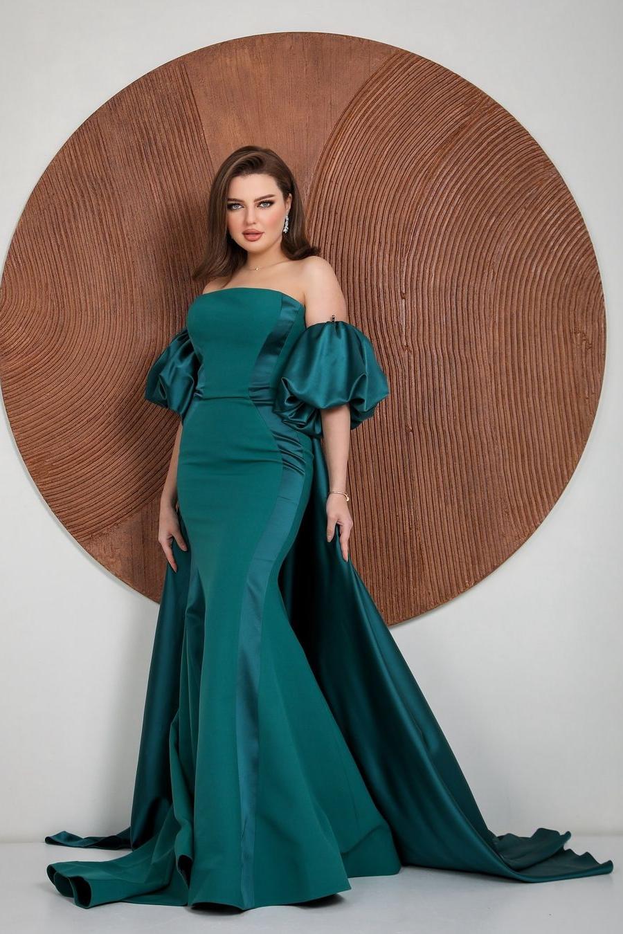 Puff Sleeves Strapless Long Pleated Mermaid Evening Formal Dress With Ruffled