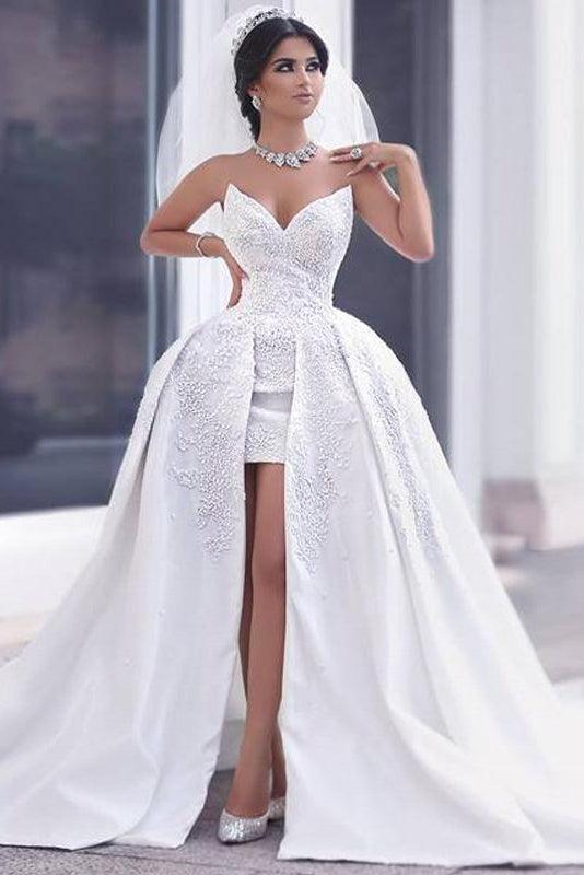 Puffy Gorgeous Strapless Lace Overskirt Appliques Ball Gown Wedding Dress