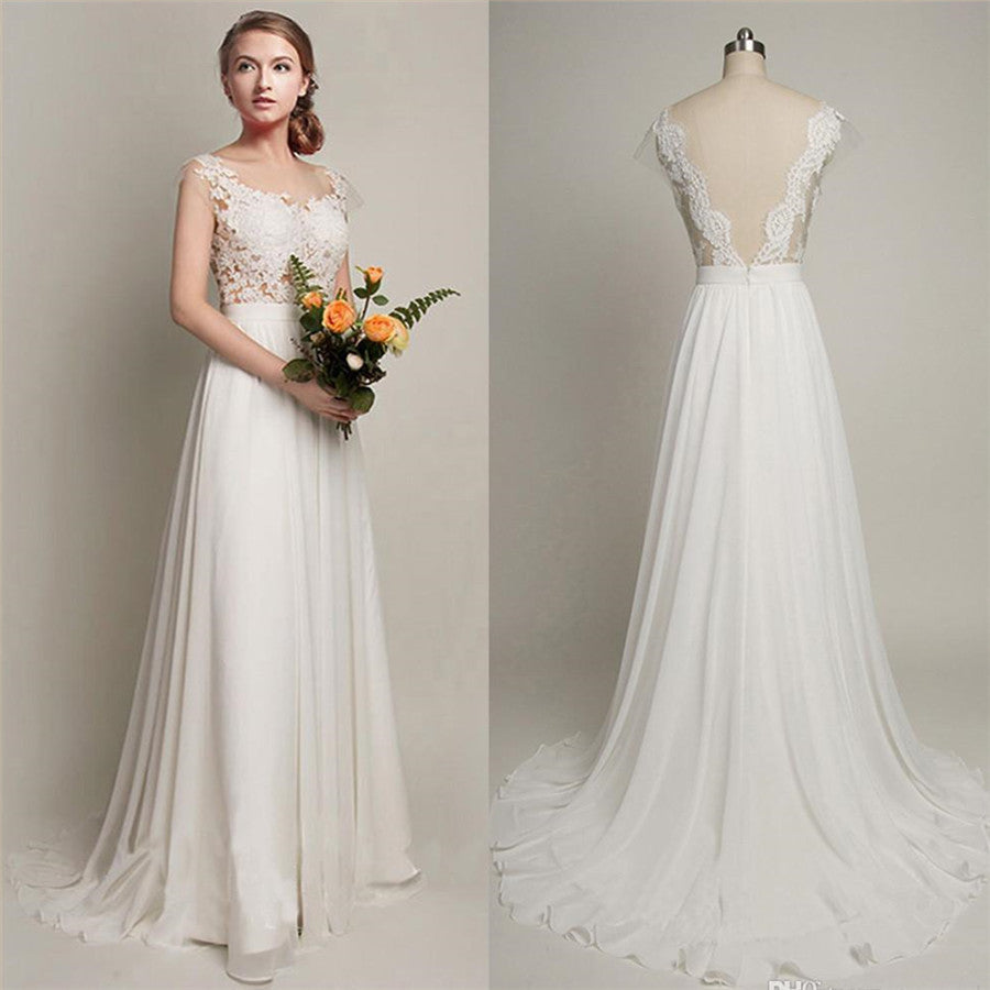 Pure White Beach Wedding Dress Lace Chiffon Open Back Bridal Shower Dress BA4218
