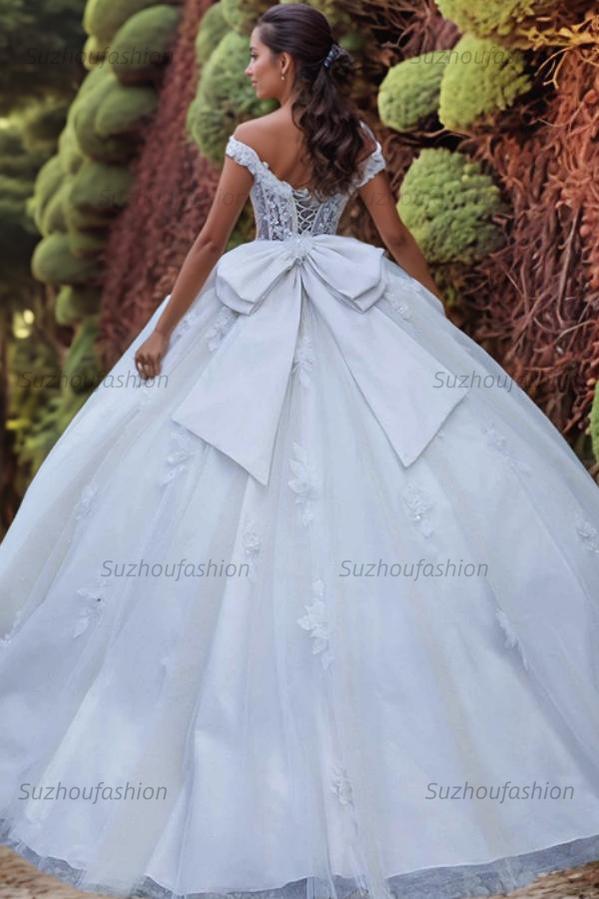 Purely Ball Gown Off Shoulder Sleeveless Beaded 3D Flower Appliques Lace Up Bow Knot White Tulle Quinceanera Dress Formal Evening Party Gown For Sweet 16