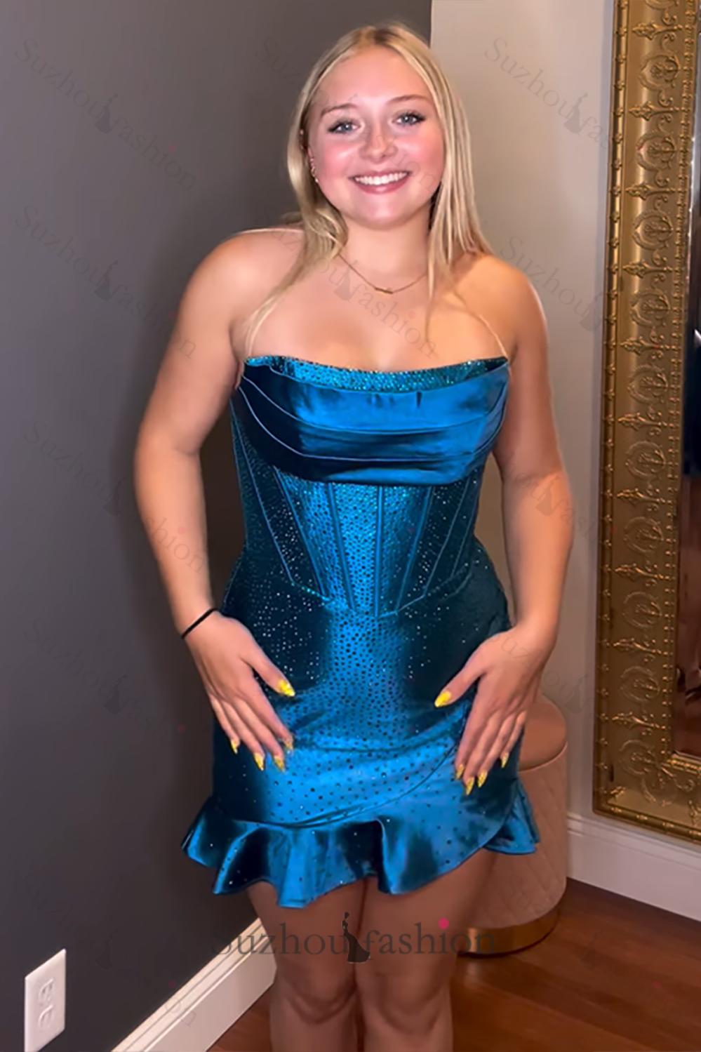 Purple Beaded Homecoming Dresses Strapless Ruffled Short Tight Cocktail Dresses