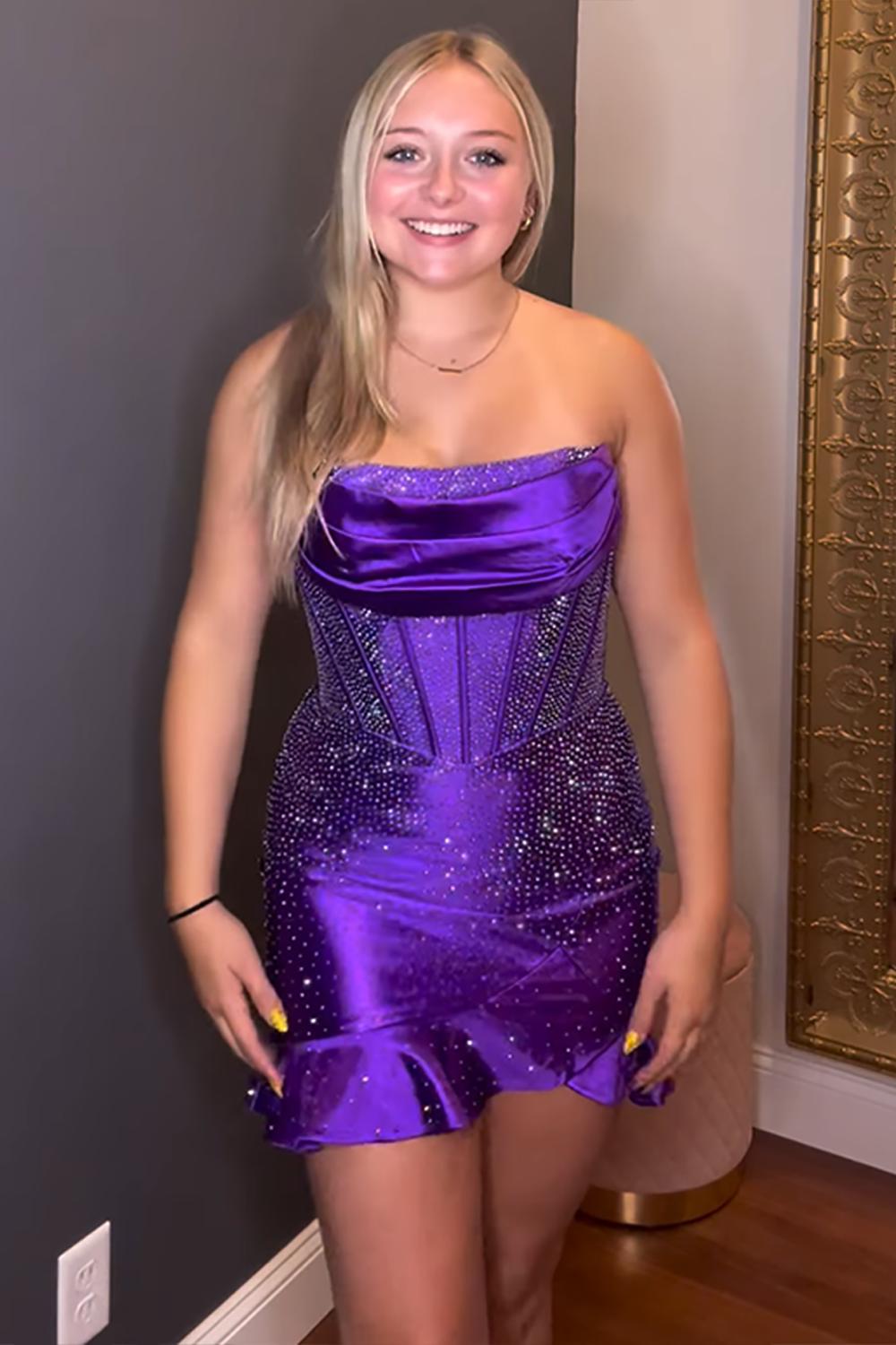 Purple Beaded Homecoming Dresses Strapless Ruffled Short Tight Cocktail Dresses