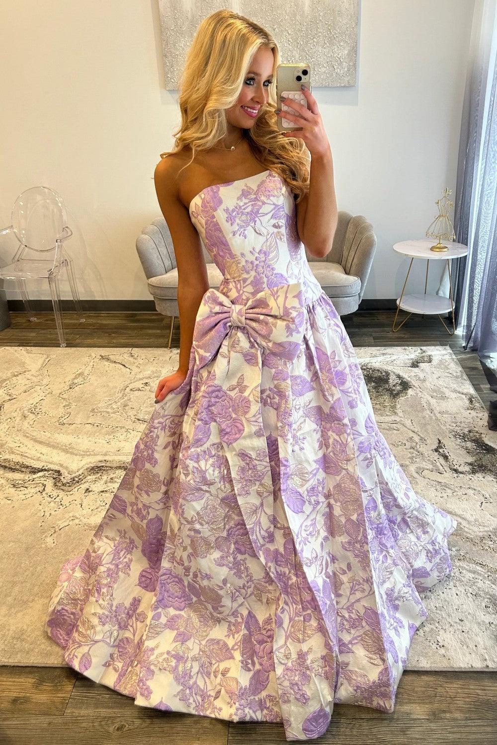 Purple Floral A-Line Strapless Long Prom Dress With Bow Formal Evening Gown